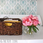 pink peonies and wicker tray