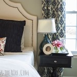 Styled nightstand, DIY upholstered bed and DIY curtains at View Along the Way